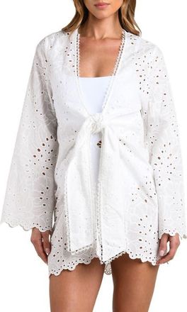 L'agence Monstera Eyelet Cove Long Sleeve Cotton Cover-Up in White at Nordstrom, Size X-Small