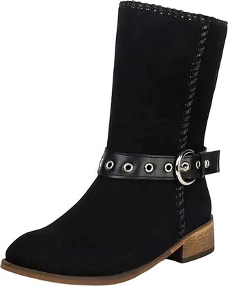 Generic Womens Casual Mid Calf Boots Round Toe Med Block Heel Slip On With Platform And Decorative Metal Buckles Daily Wear