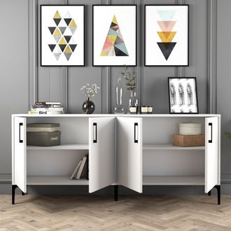 Dmora Aparador Pollein, Alacena 2 Estantes, 4 Puertas, 4 Compartimientos, 180x35x78h Cm Blanco