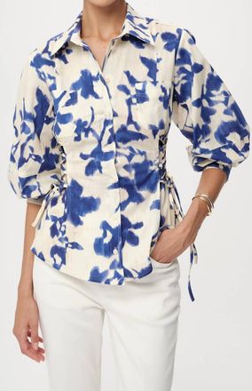 Exquise Ambrosina Floral Button Down Shirt In Cream Royal Blue