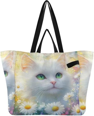 Generic Flowers Cat White print Reusable Canvas Tote Bag, Heavy Duty Grocery Shopping Bag with Large Capacity Double Handles Hard Bottom Work Groceries Travel