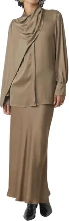 Suncoo Lino Satin Blouse With Draped Collar In Taupe