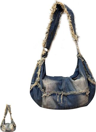 Generic Ripped Jeans Crossbody Bag for Women,Purse with Zipper,Distressed Denim Shoulder Bag Casual Streetwear Purse (blue)