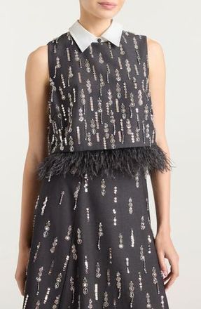 Cinq &agrave; Sept Selene Embellished Feather Top in Charcoal Multi at Nordstrom Rack, Size Small