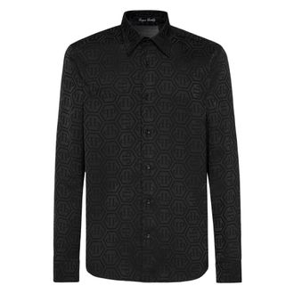 Philipp Plein Sugar Daddy Cut Silk Shirt Monogram - Heren - Casual Overhemden - Zwart - 3XL - Leer - Overhemden