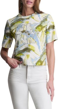 DKNY Studded Logo T-Shirt in March Watercolor at Nordstrom, Size X-Small