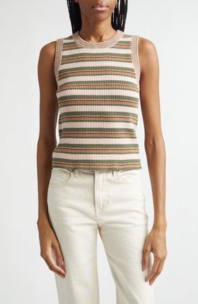 Veronica Beard Jerrell Stripe Stretch Cotton Rib Tank Top in Pink Shell/Stone Army at Nordstrom, Size X-Large