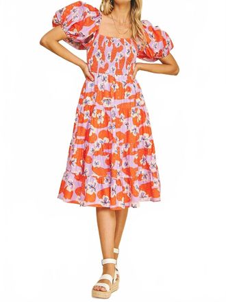 Pinch Design Floral Smocked Midi Dress With Bubble Sleeves In Lavender/orange