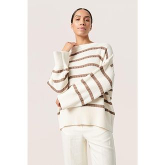 Soaked In Luxury Ravalina Stripes Casual Fit Pullover in White And Walnut Stripe at Nordstrom, Size Xx-Large