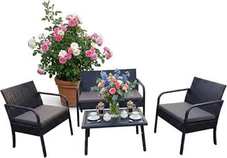 Relaxdays Relaxdays Garden Furniture Set, 4-piece rattan set, seats 4, bench, 2 chairs & table, outdoor lounge, black