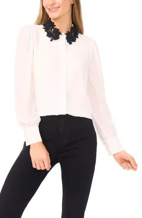 CeCe by Cynthia Steffe Embroidered Floral Lace Collar Georgette Button-Up Shirt in New Ivory at Nordstrom Rack, Size X-Large