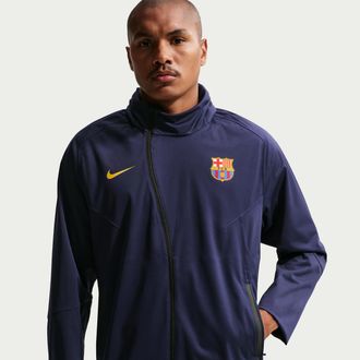 Nike FC Barcelona Strike Shield Nike Mens Soccer Hooded Rain Jacket in Blue | II1749-498