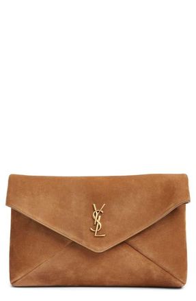 Saint Laurent Large Cassandre Suede Envelope Clutch in Golden Leaf at Nordstrom