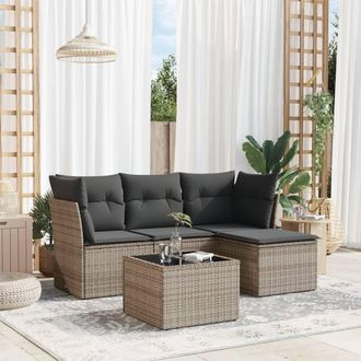 vidaXL Juego De Sof&aacute;s Jard&iacute;n Con Cojines 5 Pzas Rat&aacute;n Sint&eacute;tico Gris Vidaxl
