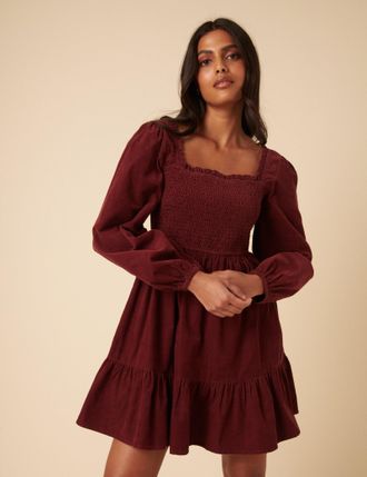 Nobody's Child Red Balloon Sleeve Cord Tiered Elsa Mini Dress