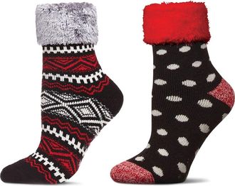 MeMoi Assorted 2-Pack Faux Fur Trim Nonslip Crew Socks in Black/Black at Nordstrom, Size 9