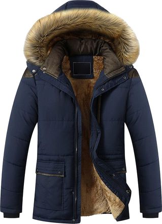 Generic Mens Winter Warm Parka Jackets Faux Fur Hood Thicken Winter Insulated Puffer Thicke Winter Long Padded Men Coat, Blue, 4XL