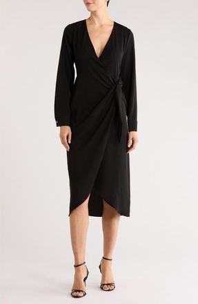 DKNY Long Sleeve Faux Wrap Midi Dress in Black at Nordstrom Rack, Size 10