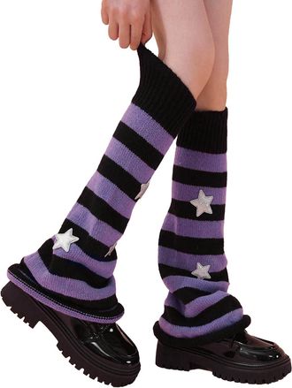 Generic Classic Star Pattern Striped Knitted Leg Warmers, Knee Length Warm Stacked Socks, Autumn And Winter Feet Versatile College Style Boot Leg Warmers (Pur