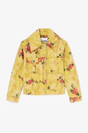 Ganni Vibrant Yellow Jacket in Printed Denim - Size 8/10 Organic Cotton