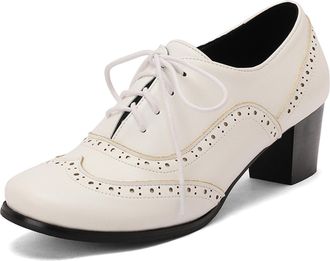 Generic Womens Lace-Up Block Heel Oxfords Brogued Perforation Round Toe Contrast Stitching Smooth Upper Adjustable Laces Stable Durable Shoes,White,7.5 UK