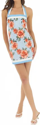 Hutch Maren Halter Shift Mini Dress In Blue/coral Striped Ground Spacious Rose