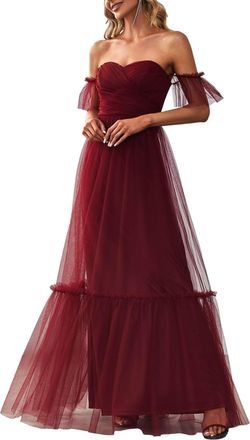 Ever-pretty Womens Ruffles Sleeve Off The Shoulder Empire Waist A Line Tulle Floor Length Wedding Guest Dresses Burgundy 16UK