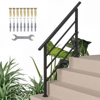 OUTSUNNY Barandilla De Escalera, 131 Cm, Pasamanos Para Escalera Con Kit De Instalaci&oacute;n, &Aacute;ngulo Ajustable Para 1-4 Escalones Para Porches Madera Negro