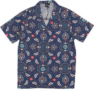 Dolly Noire Blauwe Fronds Tapestry Bowling Shirt - Heren - Korte mouwen Overhemden - Veelkleurig - L - Katoen - Overhemden