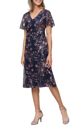 S.L. Fashions Stretch Sequin Midi Cocktail Dress in Navy Blush at Nordstrom, Size 16
