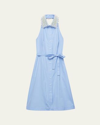 Prada Embellished-Collar Belted Cotton Halter Shirtdress