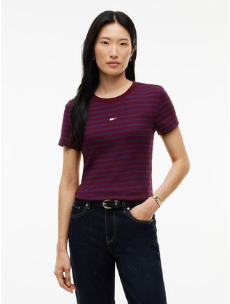 Tommy Hilfiger Womens Mini Flag Logo Striped Favorite T-Shirt - Burgundy - XXL