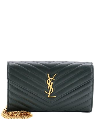 Saint Laurent Green Matelasse Chevron Leather Classic Monogram Wallet On Chain Medium (Authentic Pre-Loved)