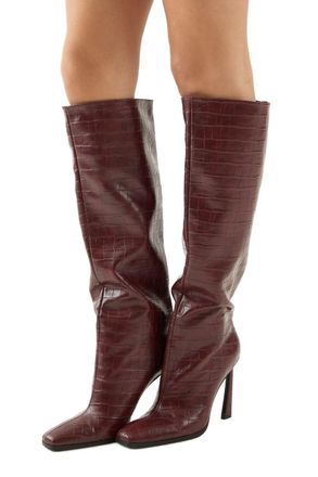 Misspap Faux Croc Leather High Flared Stiletto Heel Knee Boots, 5, Burgundy