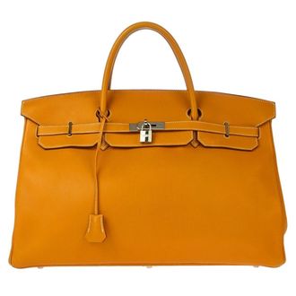 Herm&egrave;s Birkin Orange Fjord With Palladium Hardware Brown Leather Handbag (Pre-Owned)