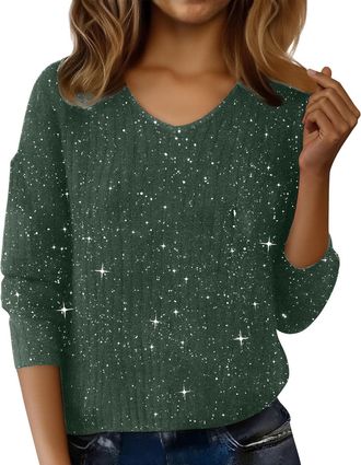 Generic Sparkly Tops for Women UK, Sequin Print 3/4 Sleeve Blouse, Crewneck Pullover Glitter Knitted Sweater Spring Plus Size Undershirt Loose Classic Jumpers