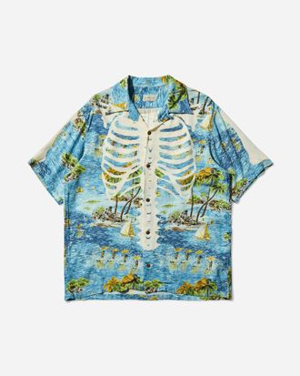 KAPITAL Men s Rayon Kamekameha Bone Aloha Shirt Blue