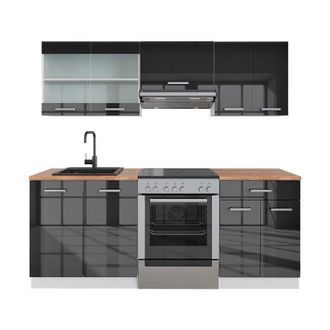 Vicco Mueble De Cocina R-line, Antracita Brillo Intenso/blanco, 200 Cm, Et Roble