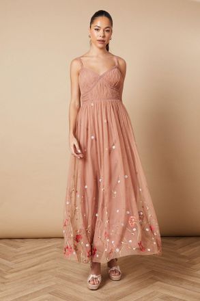 Oasis Womens Hand Embellished Floral Detail Tulle Midi Dress - Dusty Pink - Size 14 UK