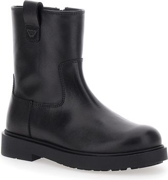 Emporio Armani Boys Black Leather Boots With Logo Patch Calf