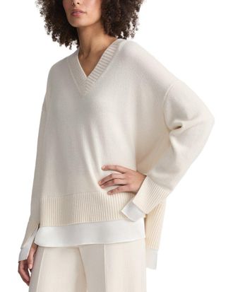 Lafayette 148 New York Charmeuse Trimmed V-Neck Cashmere Sweater
