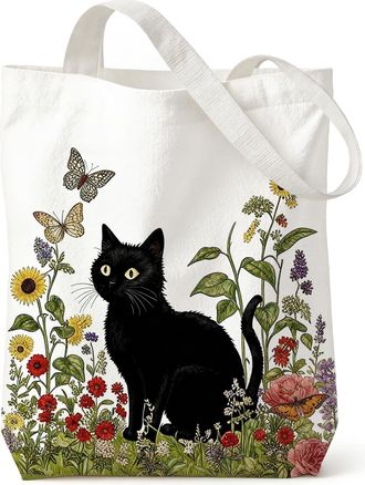 Generic Black Cat Tote Bag Gifts, Cat in Flower Reusable Cotton Bag for Women, Durable and Foldable Cloth Shoulder Bags for Shopping, Vacation, Work, Gym, Gif