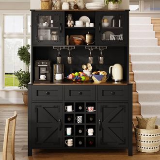Merax Kitchen Dresser Coffee Bar Cabinet with LED Lighting & Wine Storage in Black