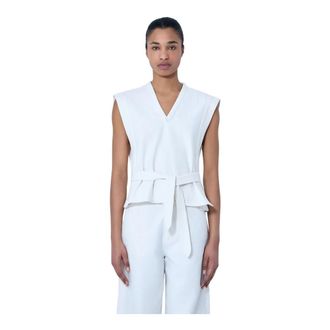 Christophe Lemaire Mouwloze top met V-hals en ceintuur in de taille - Dames - Blouses - Wit - XS - Leer - Overhemden