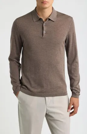 Jack Victor Wool & Silk Long Sleeve Polo in Taupe at Nordstrom, Size Xx-Large