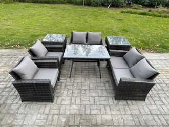 Fimous Rattan Garden Furniture Set Patio Outdoor Lounge Sofa Set with Rectangular Dining Table Love Seat Sofa 2 Side Tables in Dark Grey