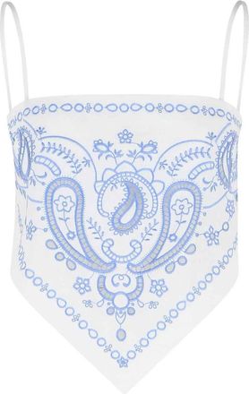 Self Portrait Embroidered Top In White And Blue Linen Blend