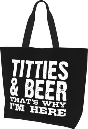 AOOEDM Titties & Beer Thats Why Im Here Ladies Canvas Tote Reusable Shopping Bag
