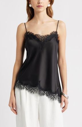 Open Edit Lace Trim Satin Camisole in Black at Nordstrom, Size Medium