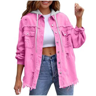 Generic Hooded Denim Jackets Women Long Sleeve Button Down Jean Jackets Casual Loose Shirts Ripped Distressed Western Boyfriend Coats Oversized Frayed Hem Fal